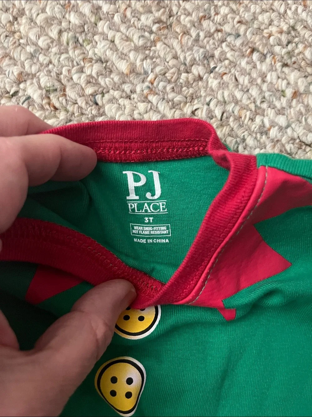 Green & Red Elf-Style PJ Top with Yellow Button Print